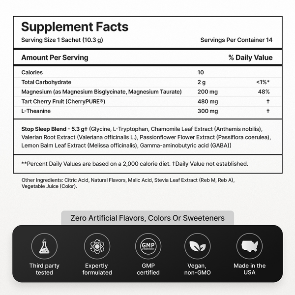 STOP Melatonin-Free Sleep & Relaxation Drink Mix with Magnesium, Glycine, L-Theanine, Tart Cherry, Chamomile & Valerian - Supports Falling Asleep, Staying Asleep & Sleep Quality - 11 Active Ingredients - 14 Servings